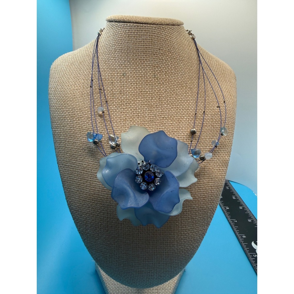 Signed Blue‎ Resin Flower Statement Necklace Crystal Multi Strand